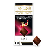 Lindt dark chocolate bar cranberry almond hazelnut 100g, UK version