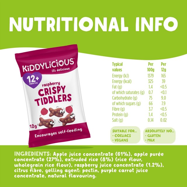 Kiddylicious Raspberry Crispy Tiddlers toddler snack 4 x 12g, UK version