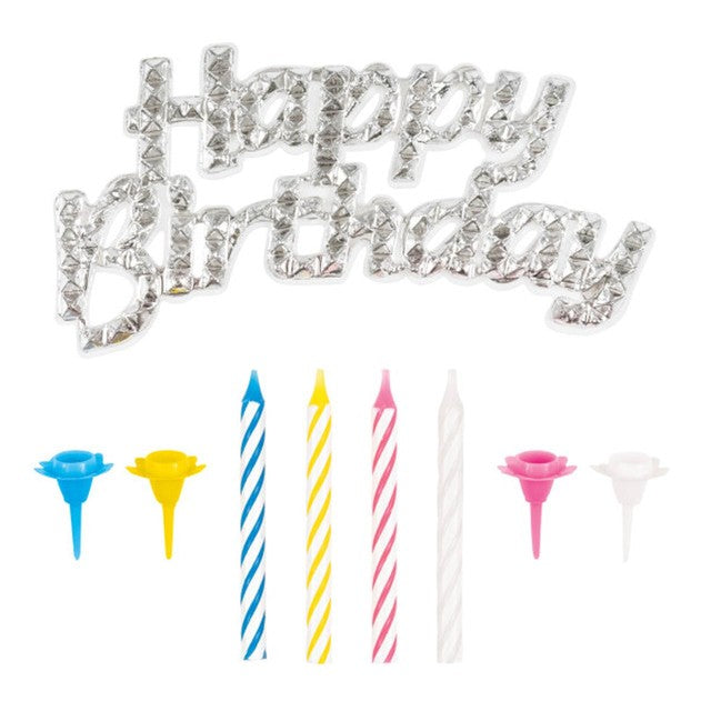 Unique Party silver happy birthday cake topper with 12 striped candles (British brand)