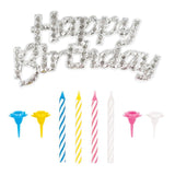 Unique Party silver happy birthday cake topper with 12 striped candles (British brand)