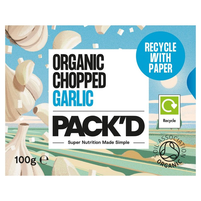 Pack'd organic chopped garlic 100g, imported from the UK