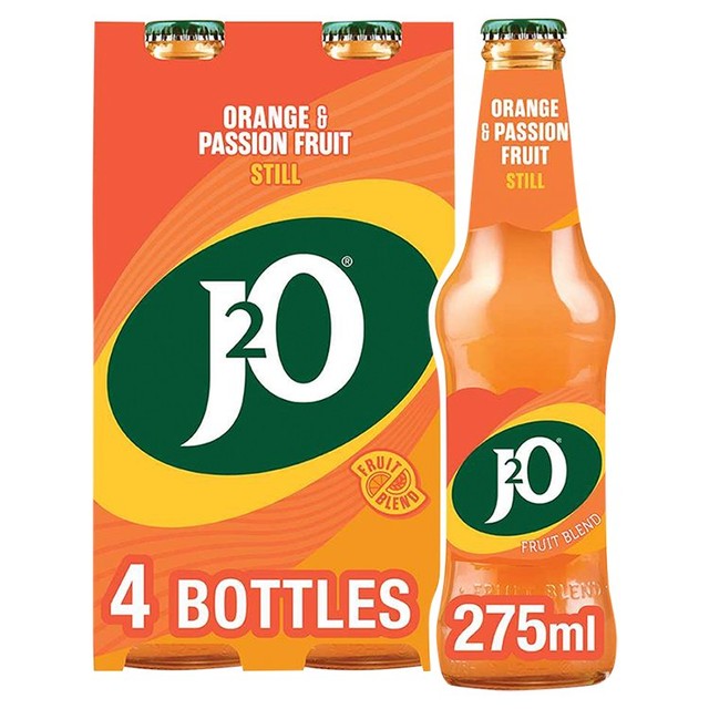 J2O Orange and Passion Fruit soft drink 4 x 275ml bottles, UK version