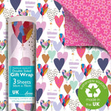 Deva Designs Hearts Double Sided Gift Wrap 3-Pack, UK version