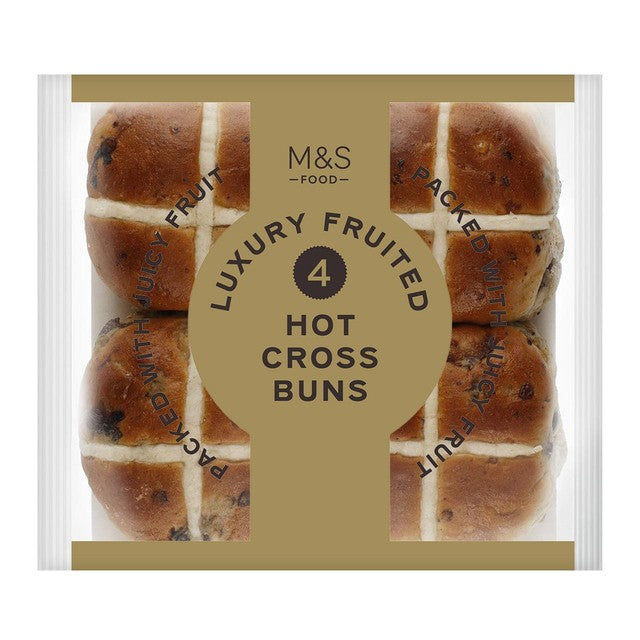M&S fruited hot cross buns 4 pack, imported from the UK