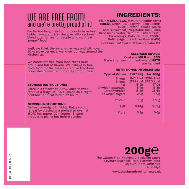 The Gluten Free Kitchen cheddar cheese and onion tart 200g, UK version