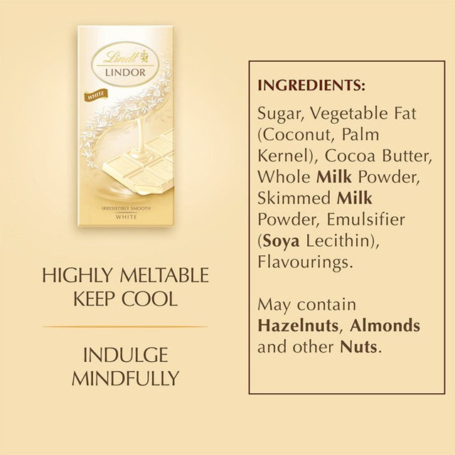 Lindt Lindor white chocolate bar 100g, UK version