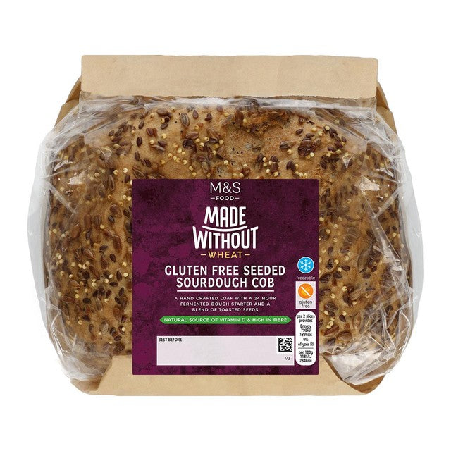 M&S gluten-free seeded sourdough cob 400g, imported from the UK