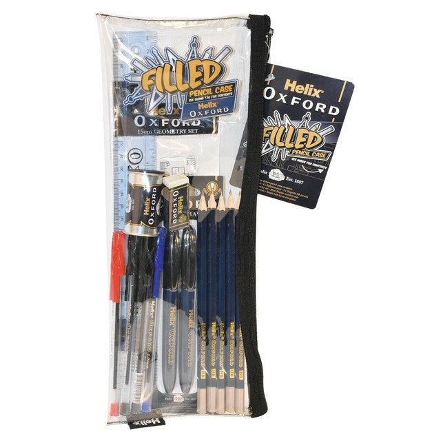 Helix clear pencil case with geometry set and stationery essentials, UK version