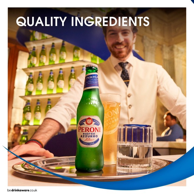 Peroni Nastro Azzurro beer 500ml bottle, imported from the UK