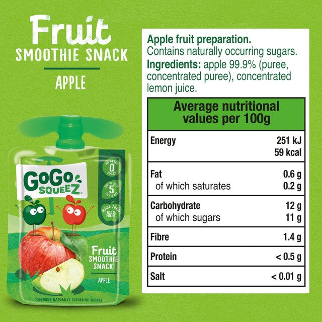 GoGo squeeZ apple fruit smoothie snack 4 x 90g pouches, UK version