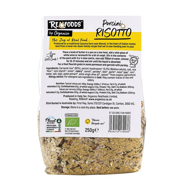 Realfoods Organic Porcini Risotto 250g, imported from the UK