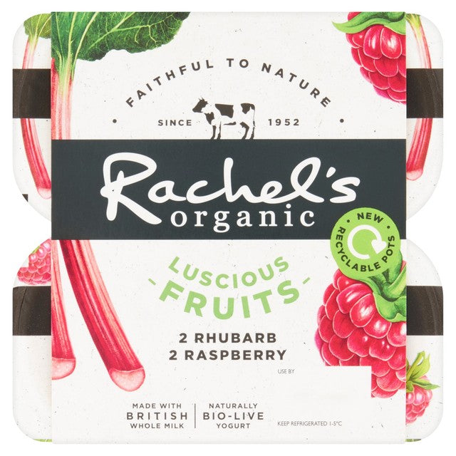 Rachel's rhubarb and raspberry yogurt 4 x 110g, imported from the UK