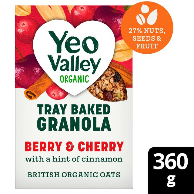 Yeo Valley berry & cherry granola cereal 360g, imported from the UK