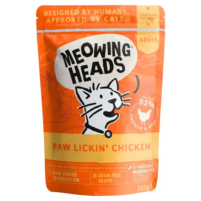 Meowing Heads Chicken wet cat food pouch 100g, imported from the UK