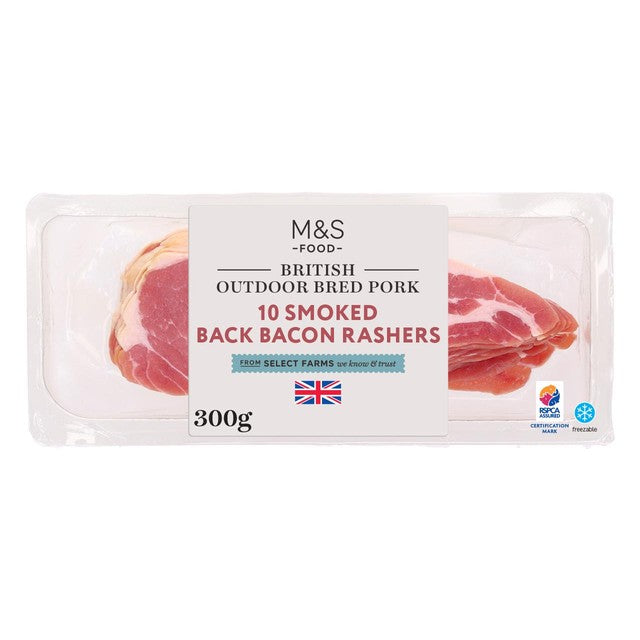 M&S outdoor bred smoked back bacon rashers 300g, imported from the UK