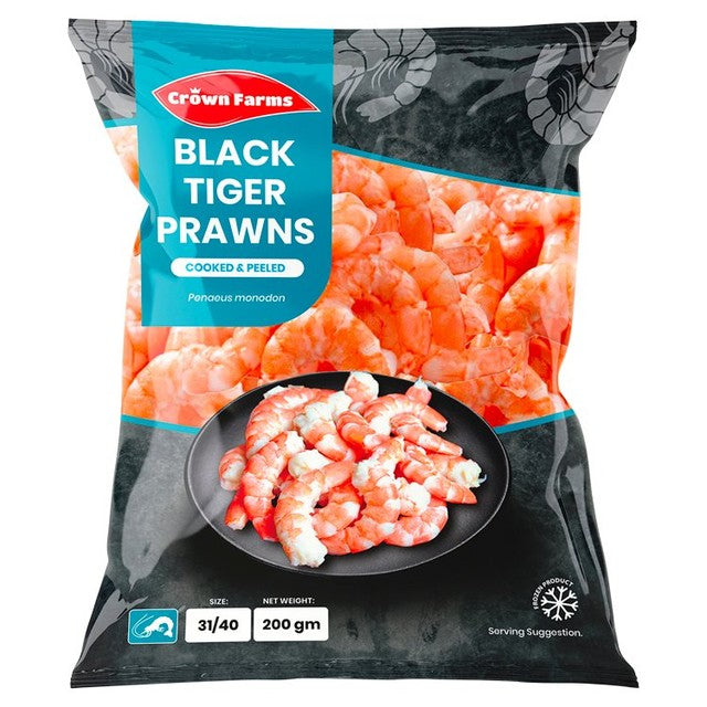 Crown Farms cooked peeled black tiger king prawns 200g - British product