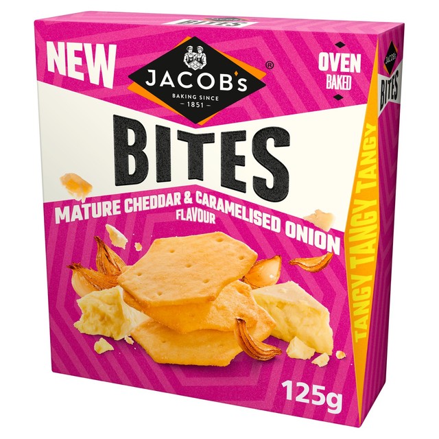 Jacob's Bites mature cheddar and onion cracker bites 125g, UK version