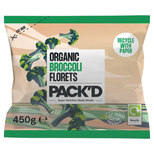 PACK'D organic broccoli florets 450g, imported from the UK