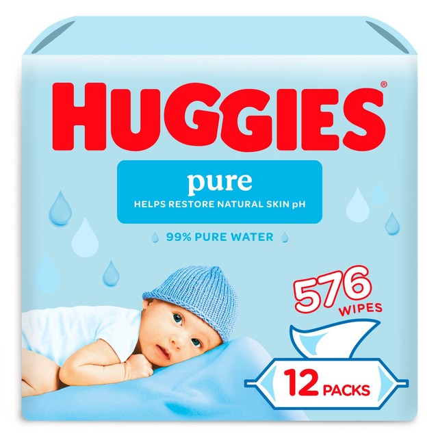 Huggies Pure Plastic Free baby wipes 12 pack, UK version