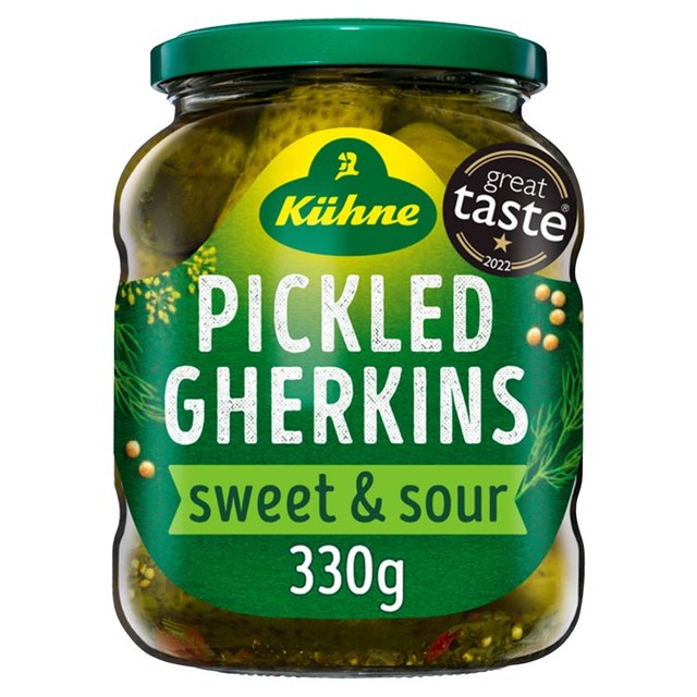 Kuhne Gherkins Sweet & Sour Pickled 330g, UK version