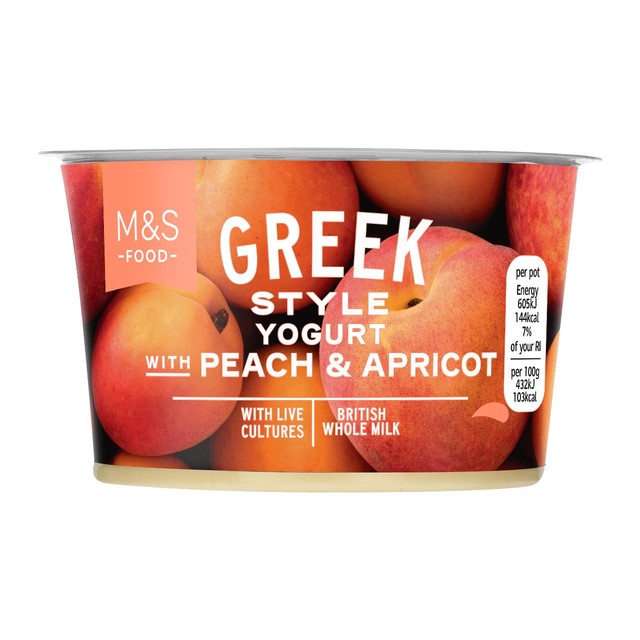 M&S Greek style yogurt with peach and apricot 140g, imported from the UK