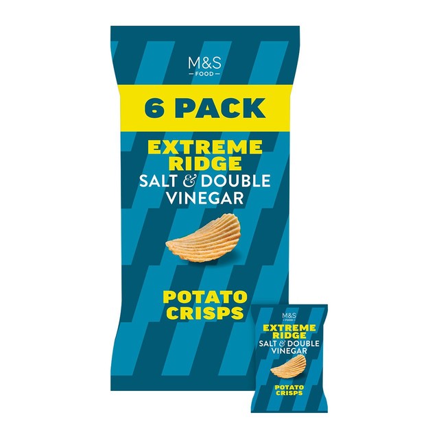 M&S Salt & Double Vinegar Extreme Ridge Cut Crisps 6 pack, imported from the UK