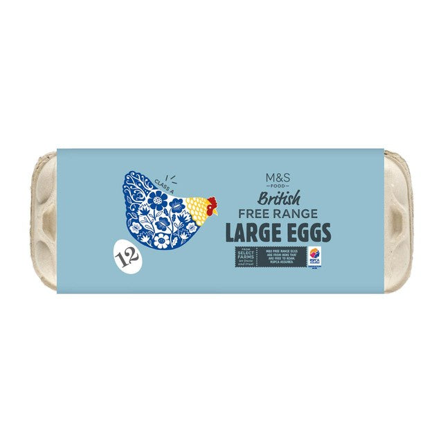 M&S free range large eggs 12 pack, imported from the UK