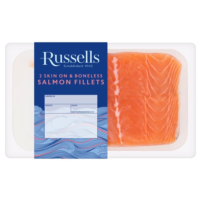Russell's salmon fillets skin on mid/tail fillets 240g, imported from the UK