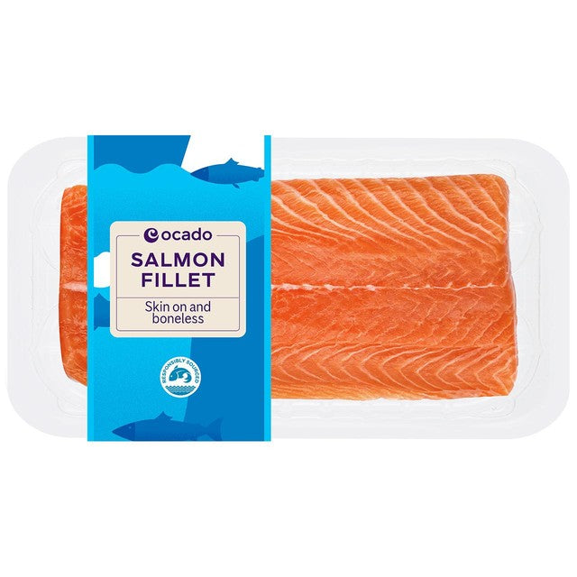 Ocado skin on boneless salmon fillet 500g, imported from the UK