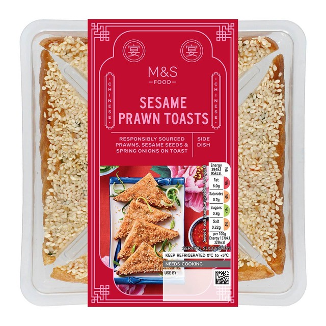 M&S prawn toast triangles with sesame seeds and spring onions, 115g pack, imported from the UK