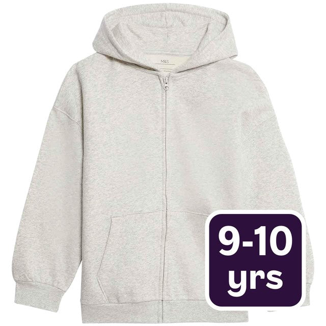 M&S girls cotton rich zip hoodie Grey Marl 9-10 years, imported from the UK
