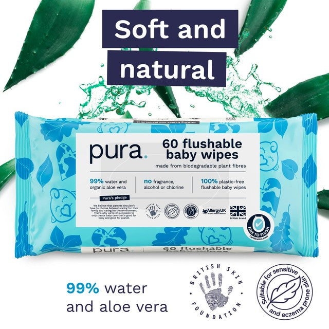 Pura plastic free flushable baby wipes 60pk, imported from the UK
