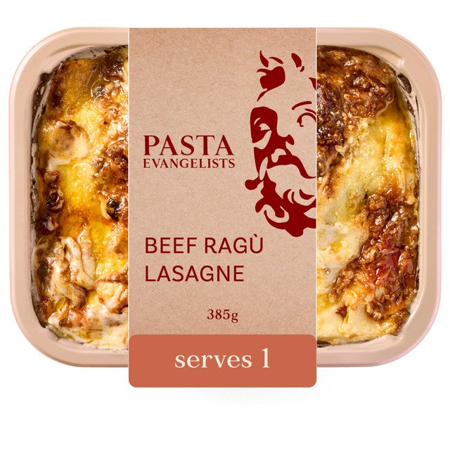 Pasta Evangelists beef lasagne ready meal 385g, imported from the UK