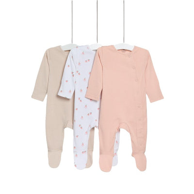 M&S Girls 3pk Pure Cotton Peach Sleepsuits Peach Mix Baby Sleepsuits 6-9 Months