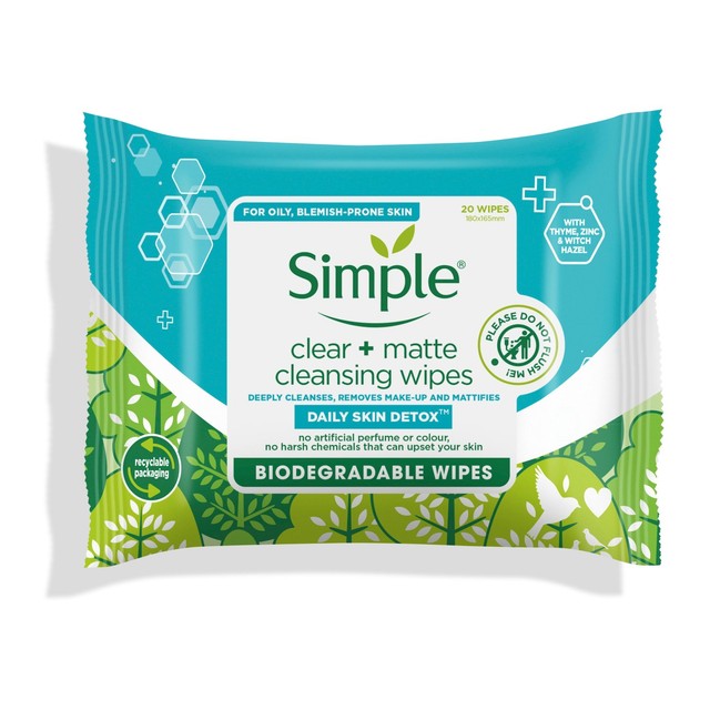 Simple facial cleansing wipes matte finish 20 pack (British brand)