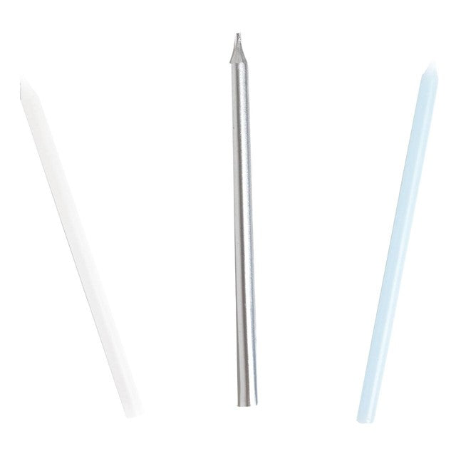 Talking Tables blue, silver and white birthday candles 10cm (British brand)