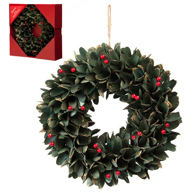 Green Leaf & Red Berries Wreath 30cm