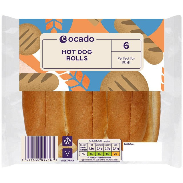 Ocado sliced hot dog rolls 6 per pack, imported from the UK