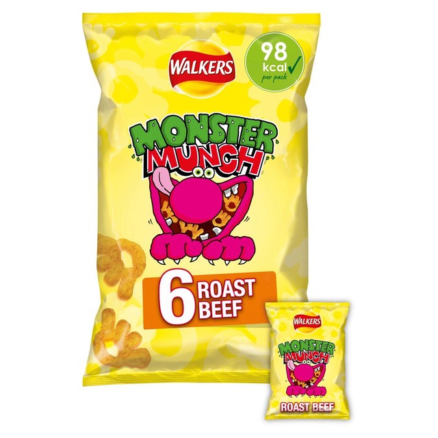 Walkers Monster Munch Roast Beef flavour corn snacks multipack 6x20g (British brand)