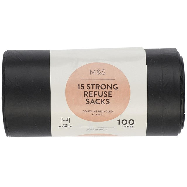 M&S 15 pack tie handle 100L refuse sacks, imported from the UK