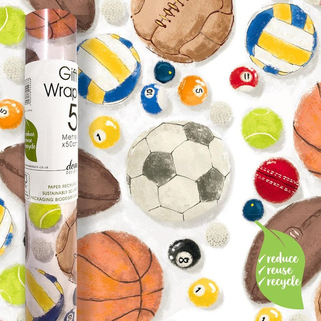 Deva Designs Sportballs gift wrap 5m roll (British brand)