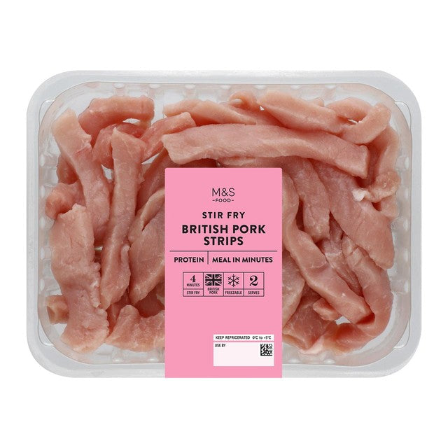 M&S pork stir fry strips 300g, imported from the UK