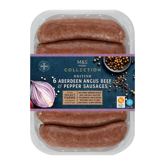 M&S beef and pepper sausages 360g, imported from the UK