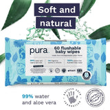 Pura plastic free flushable baby wipes 12 x 60 packs, imported from the UK