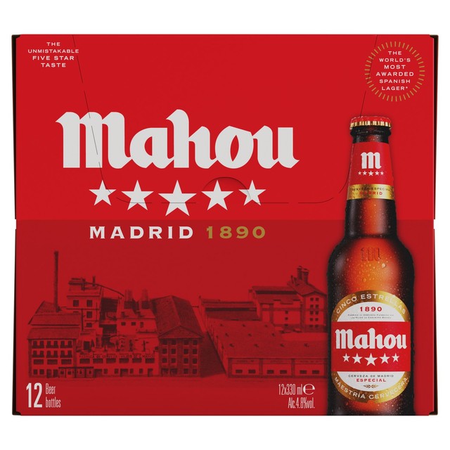 Mahou Cinco Estrella lager beer 12 x 330ml bottles, imported from the UK