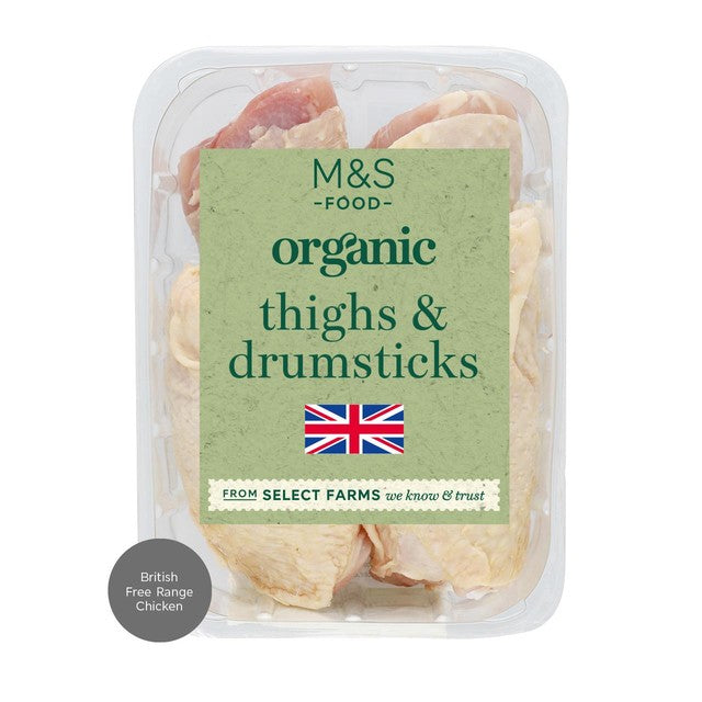 M&S organic free-range chicken thighs and drumsticks 680g, imported from the UK