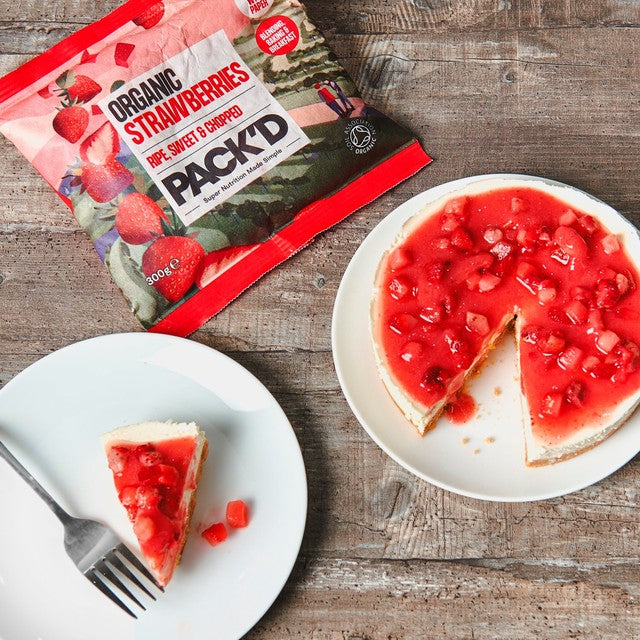 Pack'd organic diced strawberries 300g, imported from the UK