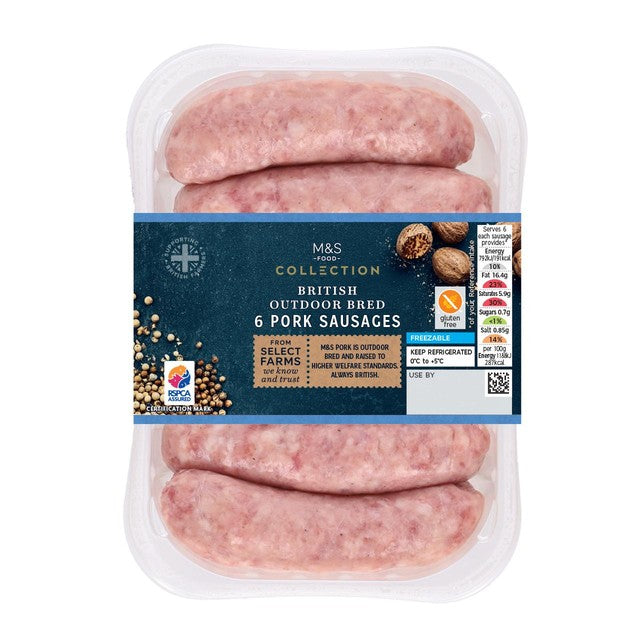 M&S outdoor-bred gluten-free pork sausages 400g, imported from the UK