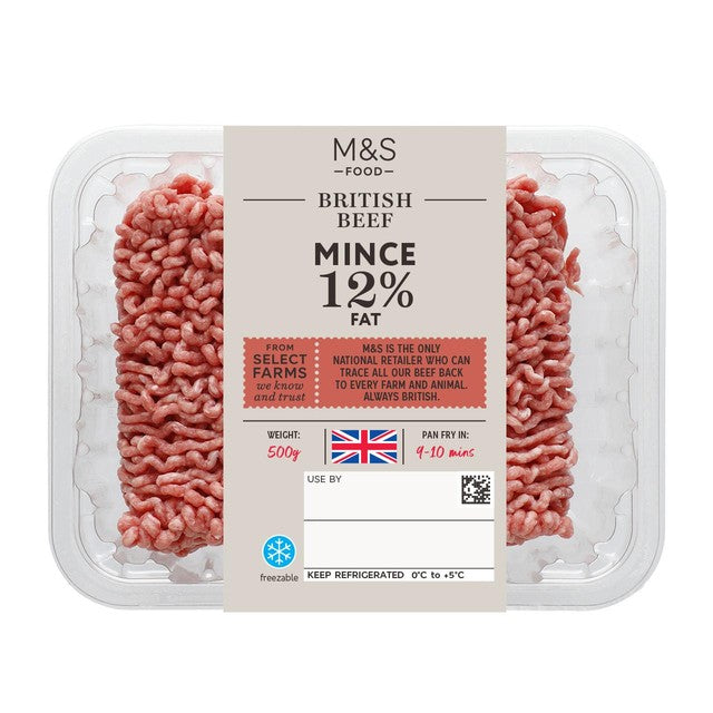 M&S beef mince 12% fat 500g, imported from the UK
