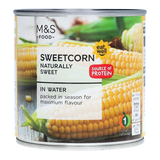 M&S sweetcorn in water 326g, imported from the UK